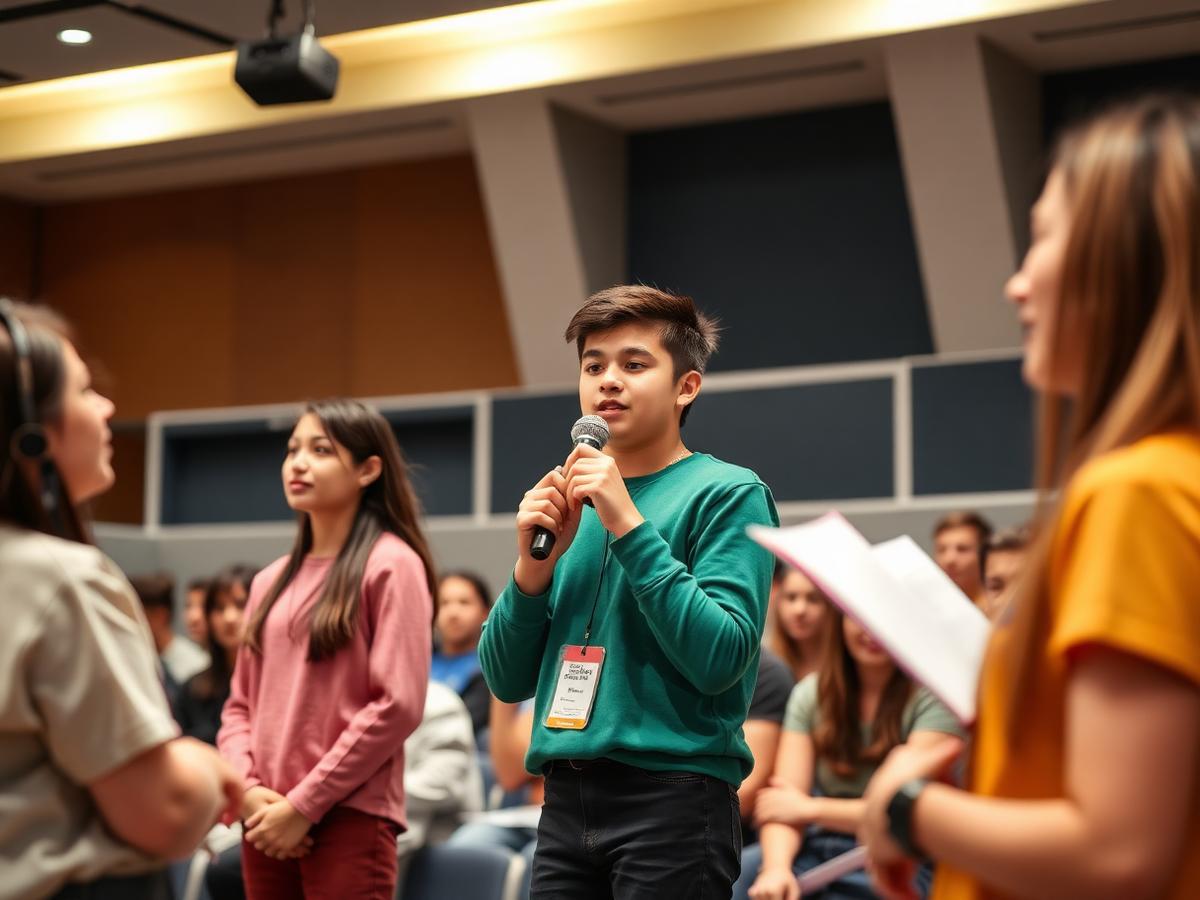 Teenagers presenting in English at World English Camp